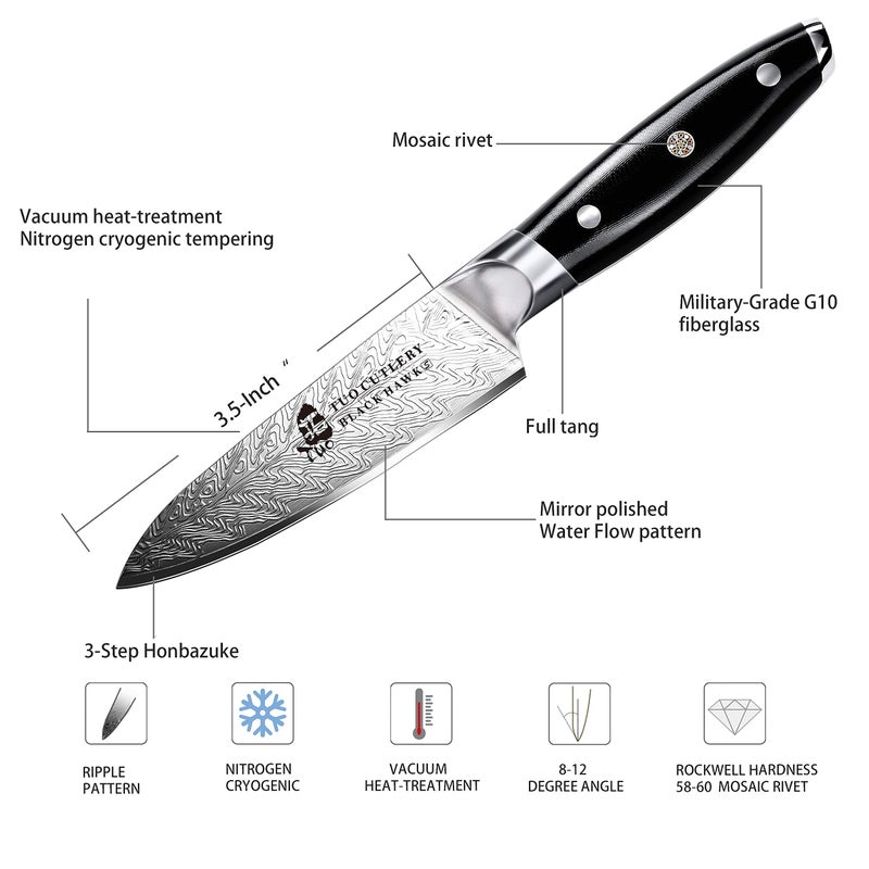 TUO Paring Knife 3.5 Inch - Ultra Sharp Peeling Knife - High Carbon Stainless Steel - Full Tang G10 Handle with Gift Box - Black Hawk S Series - Image 3